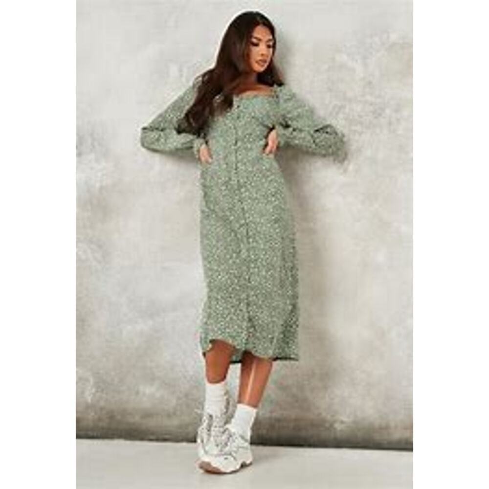 Missguided Women's Button Thru Milkmaid Midi Dress Ditsy Green Size 6 NEW